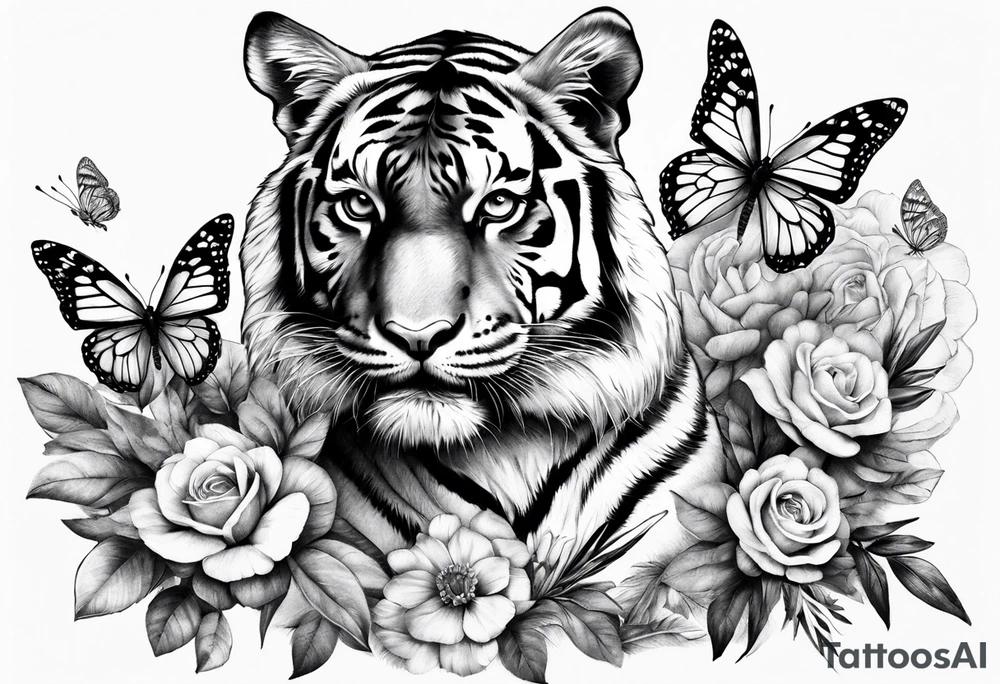 realistic tiger full length, 3 butterflies, flowers for ladies thigh / hip shaded tattoo idea