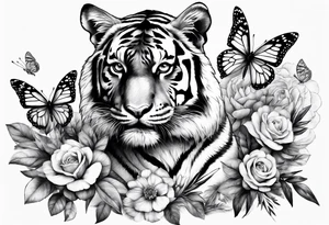 realistic tiger full length, 3 butterflies, flowers for ladies thigh / hip shaded tattoo idea