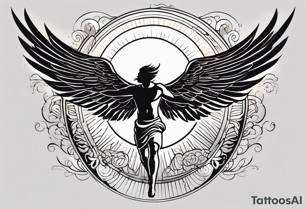 "Create a tattoo design of Icarus, depicted in a stylized manner with wide, intricate wings. Icarus is shown in an ascending flight position, expressing a mix of determination and joy on his face. The sun shines brightly in the background, symbolizing his ambition and desire to soar high. Some feathers from his wings are falling to represent the fragility of his dreams. The design incorporates dynamic clouds and abstract patterns to enhance the sense of movement and freedom, capturing both the beauty and tragedy of Icarus's myth." tattoo idea