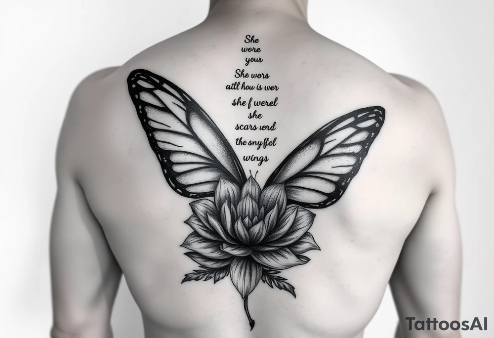 butterfly with cracked wings and lotus flower with quote that says “she wore her scars like wings” all down spine but very elegant towards lower back and small tattoo idea