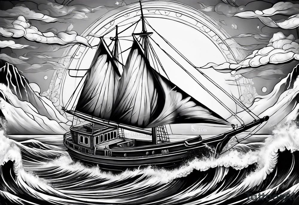 Boat in ocean of lava tattoo idea