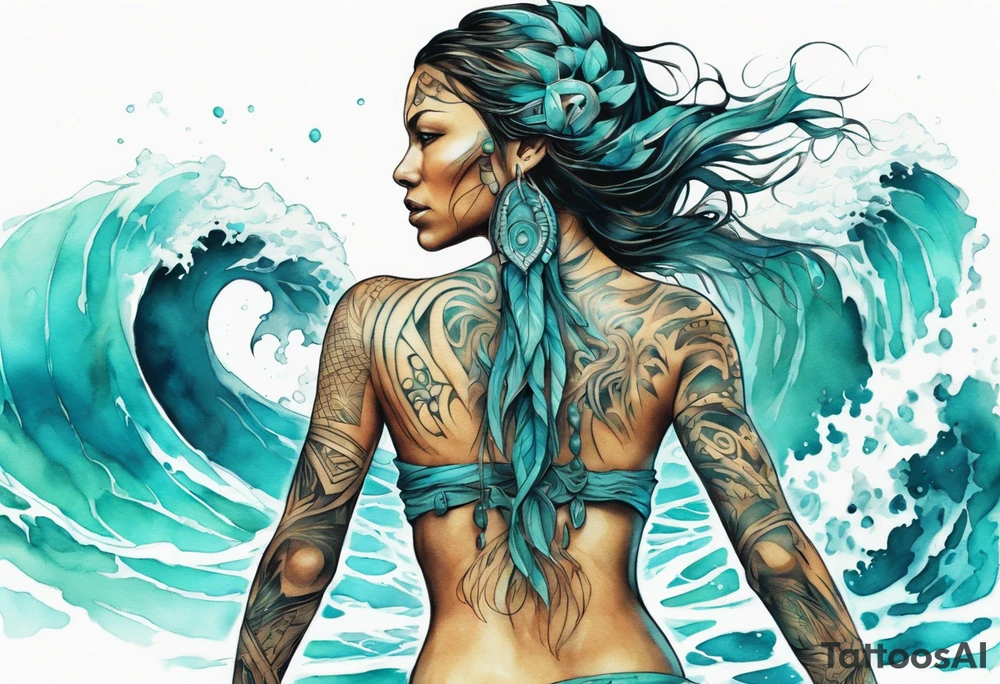 a turquoise Na'vi woman standing in the sea with water for legs surrounded by crashing waves tattoo idea