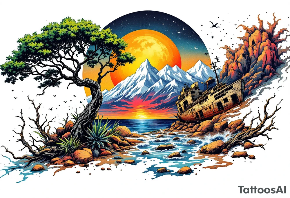 a forearm tattoo that has an acacia tree with mountains, ocean with a ship wreck tattoo idea