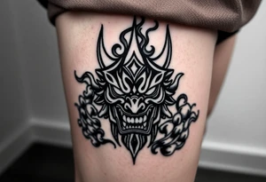 Oni mask surrounded by smoke tattoo idea