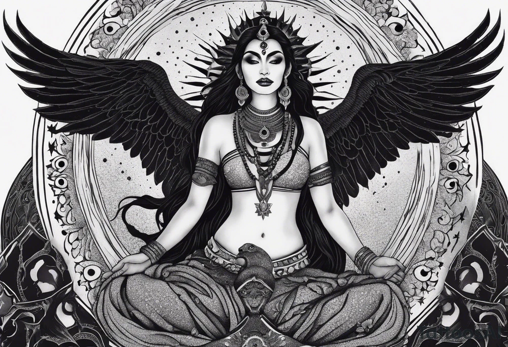 black kali, goddess pirate, alien, angel, pachamama, valkrye, warrior, flying, skull, lotus azul, wing, eagle, zenza resonance, stars, 5D, anahata chakra, death, durga, riding on a tiger, flying lady, kundalini, chest tatoo, samuri, rebel,s erpent tattoo idea