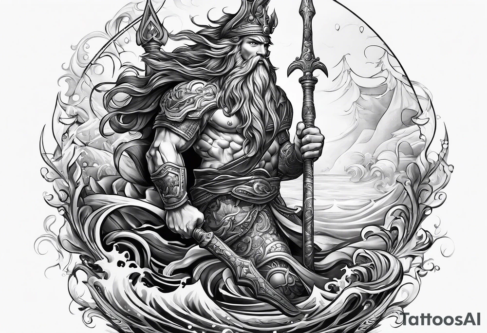 Neptun mit ganzen Körper im Wasser stehend tattoo idea