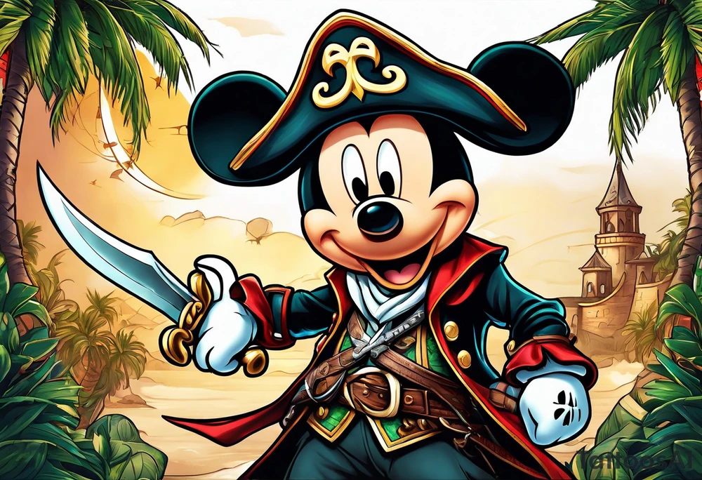mickey mouse as pirate assassins creed character with palm trees and celtic symbol for family tattoo idea