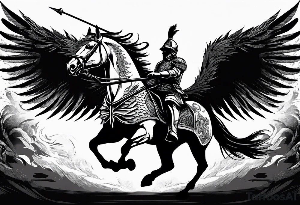 Polish Hussar Cavalry Soldier Rushing towards enemy, wings turned into dragon wings, charging with a spear that breaths fire tattoo idea