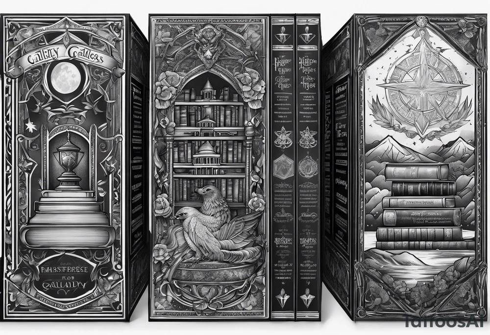Stacked books with Harry Potter, twilight, hunger games, throne of glass and zodiac academy tattoo idea