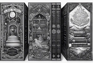 Stacked books with Harry Potter, twilight, hunger games, throne of glass and zodiac academy tattoo idea