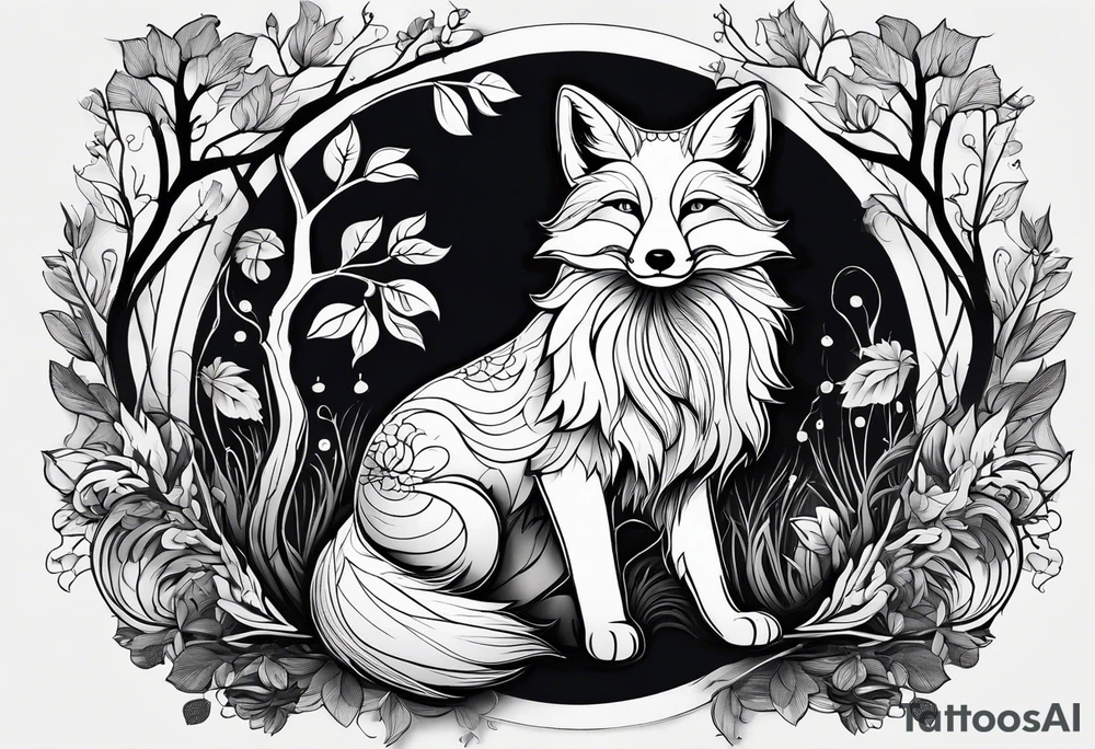 A playful fox with a bushy tail, set in a lush forest, illustrating cleverness and adaptability.” tattoo idea