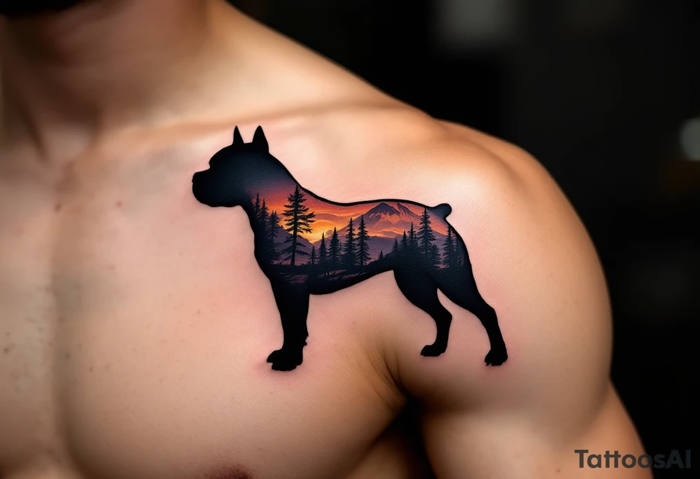 Stafford Silhouette with Landscape – Black silhouette of a Staffordshire Bull Terrierfilled with a sunset landscape in orange, purple, and yellow tones. tattoo idea