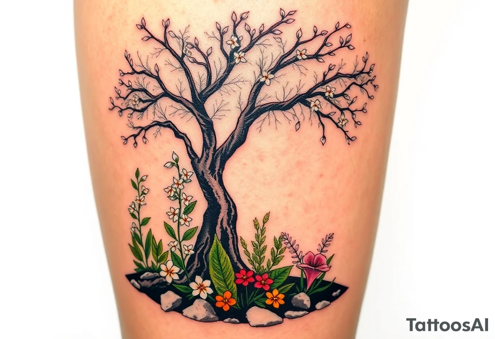 Lilly of the vally plants underneath a blooming hawthorn tree with other colorful plants on ground tattoo idea