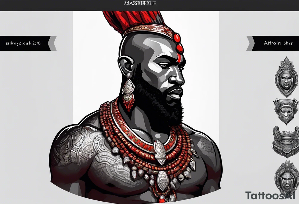 african god of war,  wearing a small metalic silver crown and wearing a red necklace tattoo idea