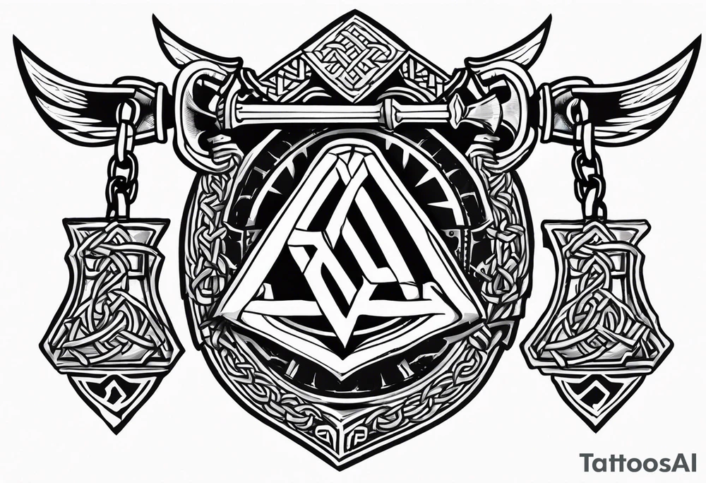 Valhalla sword shield axe Valknut chains tattoo idea