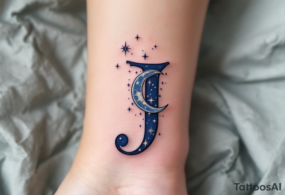 Celestial-themed "J" in midnight blue with silver crescent moons and stars. tattoo idea