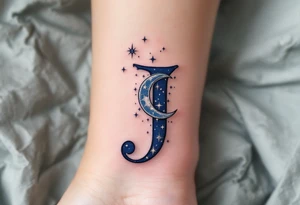 Celestial-themed "J" in midnight blue with silver crescent moons and stars. tattoo idea