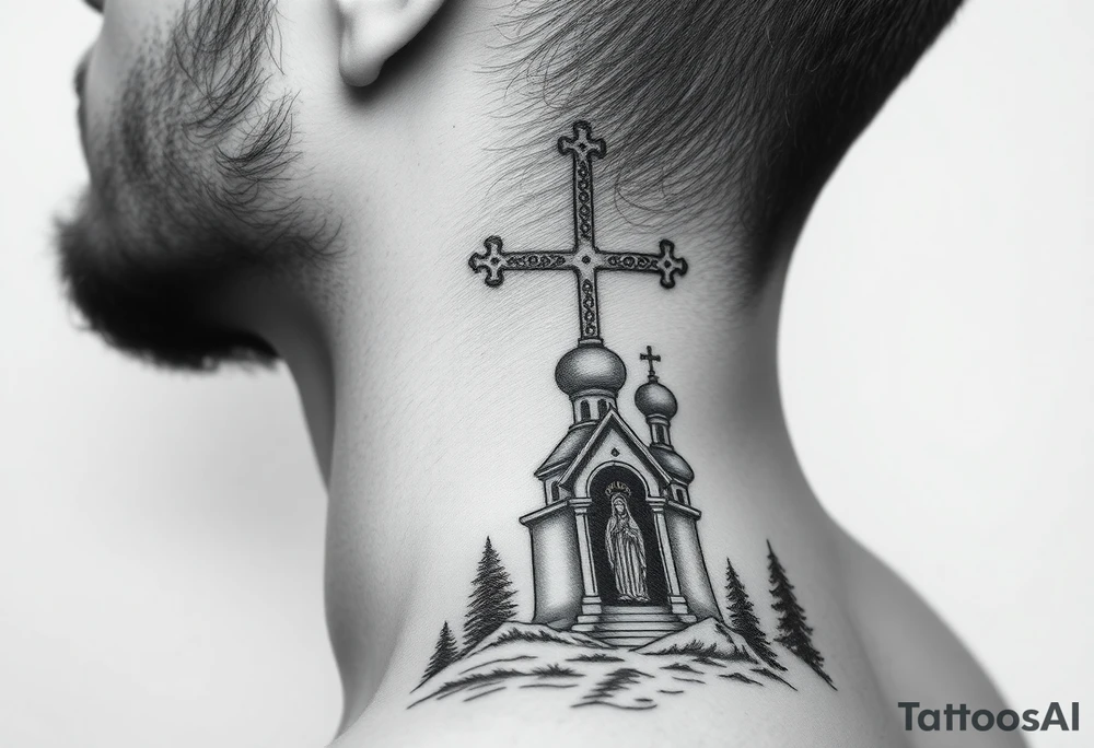 russian design traditional christian orthodox cross with a virgin mary stood beside the entrance of a russian orthodox dome church on the side of the neck in a wilderness setting with the design spread out the side of the neck tattoo idea