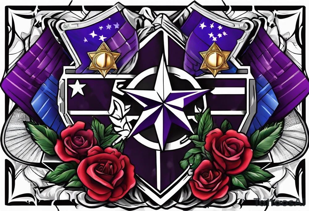 Build tattoo with silver star, purple heart and world war  1 medals, including patriotism tattoo idea