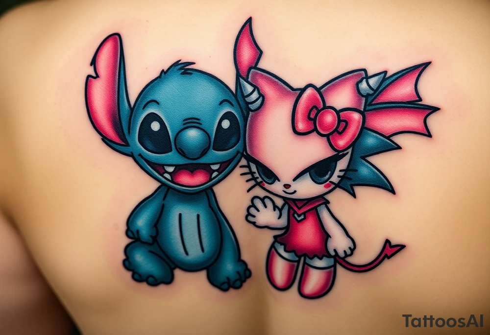 Stitch sonic hello kitty showing that they are good and bad half demons tattoo idea
