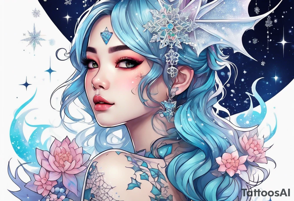 Constellation, kawaii dragon girl , snowflake tattoo idea