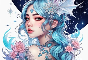 Constellation, kawaii dragon girl , snowflake tattoo idea