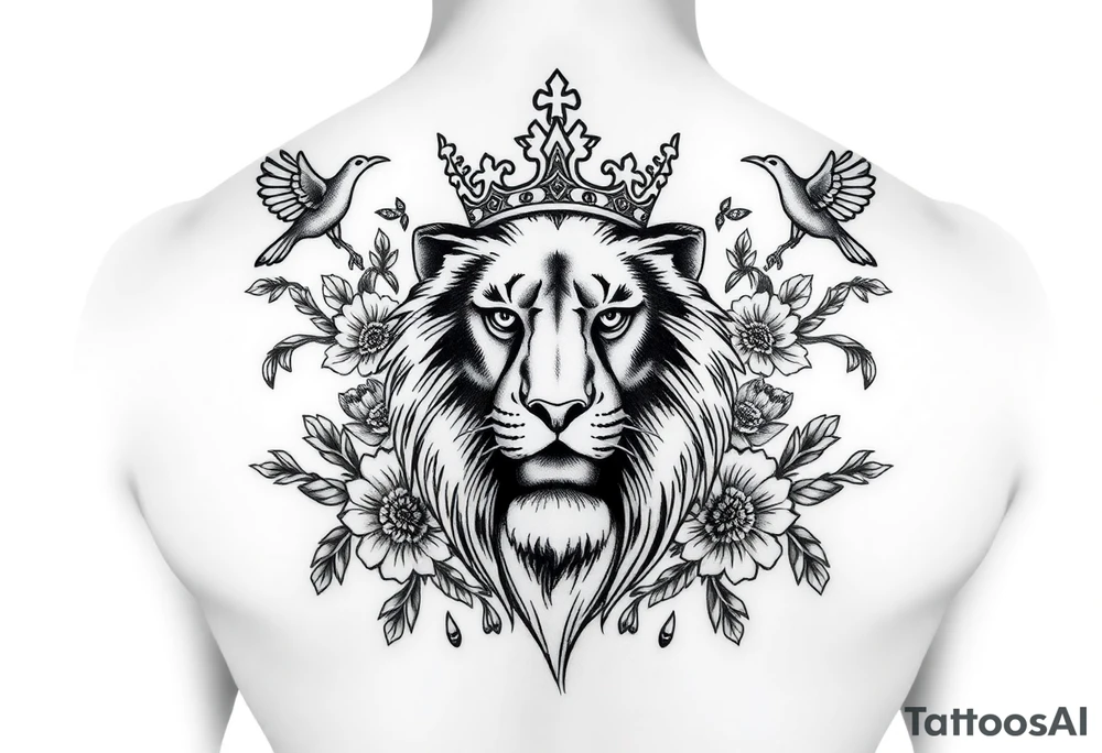 powerful majestic lion with a crown, surrounded by floral ornaments and birds tattoo idea