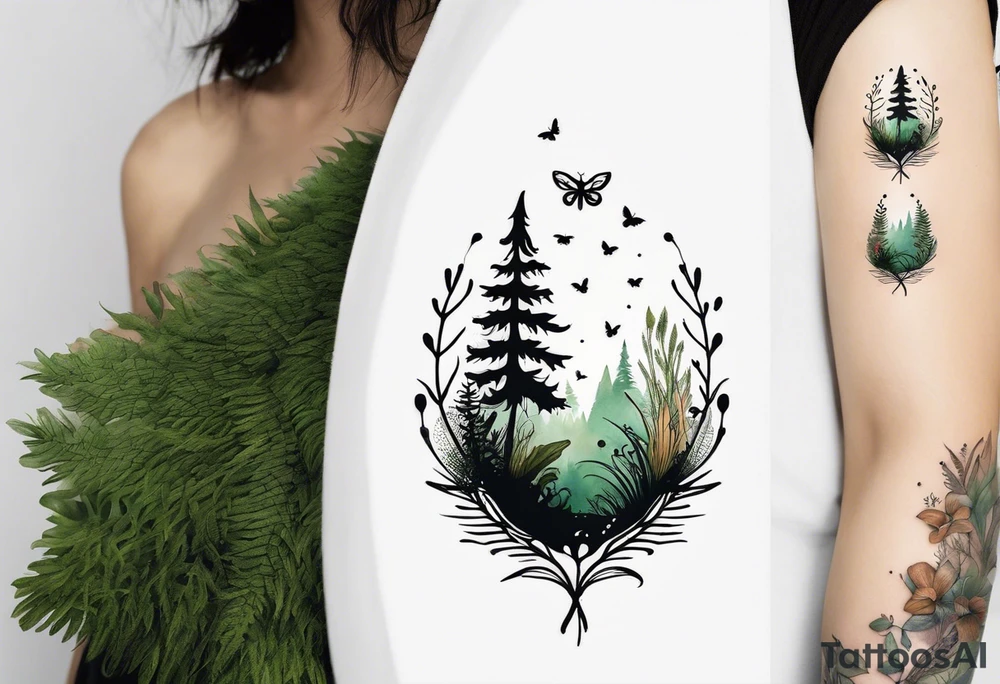 forest floor inspired minimalist tattoo, which includes grass, curly ferns, moss and dead leaves as the bulk of the tattoo. details to include: forest berries, a tiny bumblebee flying nearby, three small brown mushrooms
Generate a vertically long one tattoo idea