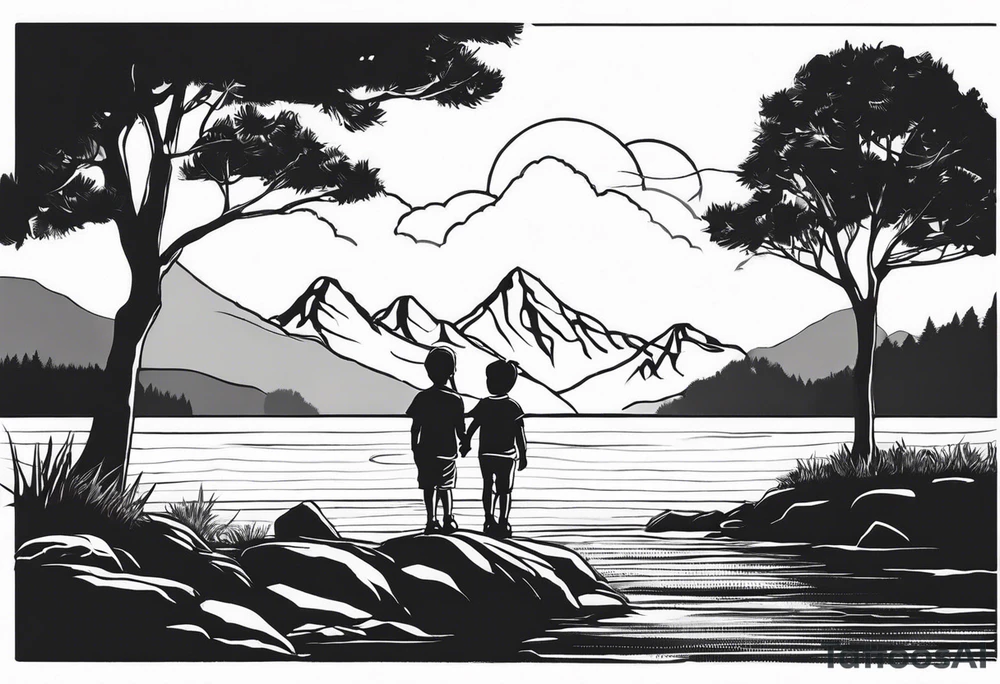 Father in between 6 year old daughter and 2 year old son. Standing by water with tree and mountains in front of them tattoo idea