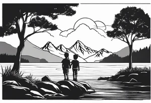 Father in between 6 year old daughter and 2 year old son. Standing by water with tree and mountains in front of them tattoo idea