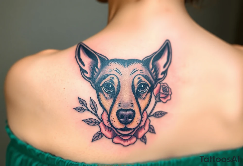 female  hound dog mix Brindle dog with the name kiwi . And a tiny rose around her . With her ears pointy a little big tattoo idea