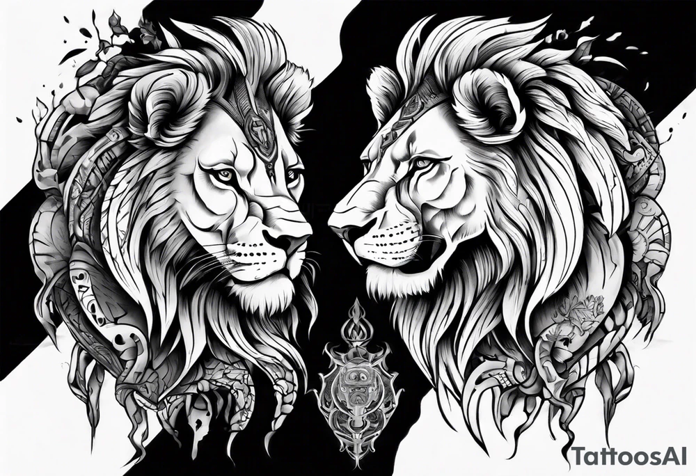 lion holding a khamssa hand with paw tattoo idea