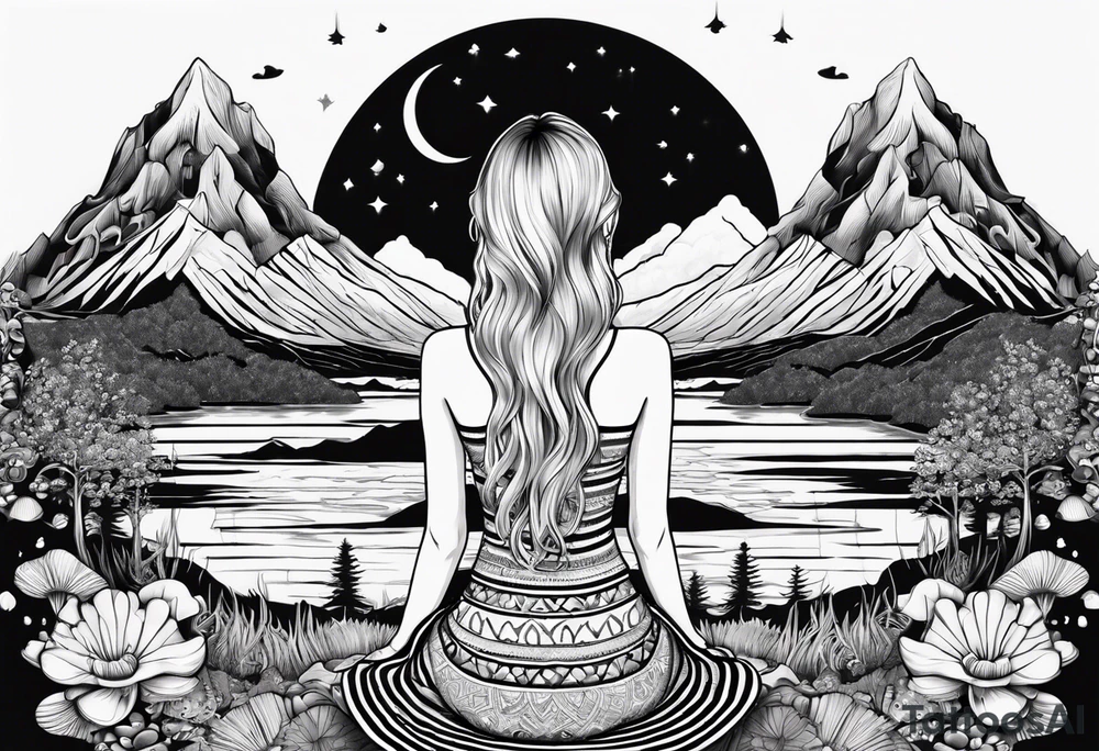 Straight blonde hair girl meditating facing away toward mountains surrounded by mushrooms crescent moon mandala circular design black and white striped dress tattoo idea