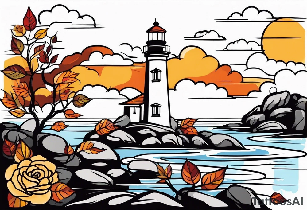 thigh tattoo in fall colors, showing lighthouse, water flow around rocks, sky, clouds, leaves, roses and no trees tattoo idea