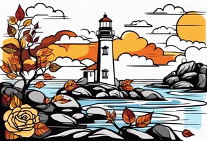 thigh tattoo in fall colors, showing lighthouse, water flow around rocks, sky, clouds, leaves, roses and no trees tattoo idea