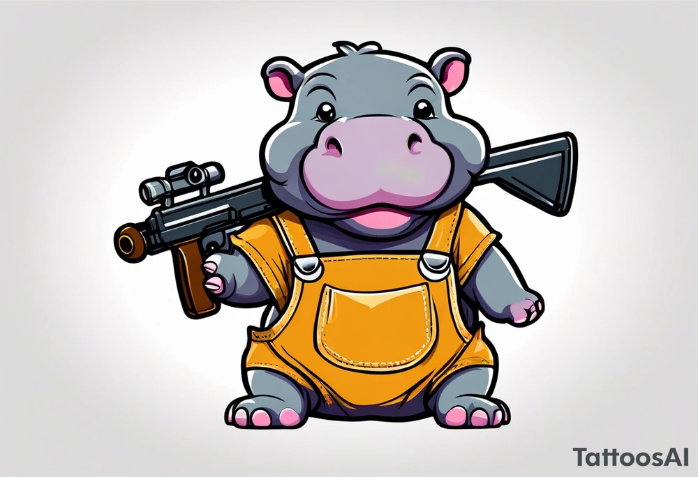 Baby hippo wearing overalls and holding a weapon tattoo idea