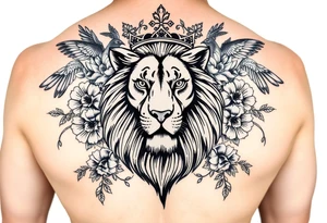 powerful majestic lion with a crown, surrounded by floral ornaments and birds tattoo idea