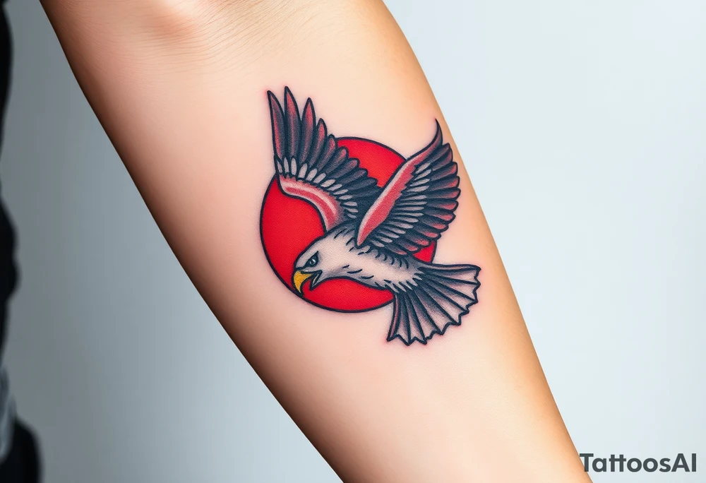An eagle mid-dive, its wings wrapped around a glowing red sun, using bold traditional tattoo colors of black, red, and gold tattoo idea