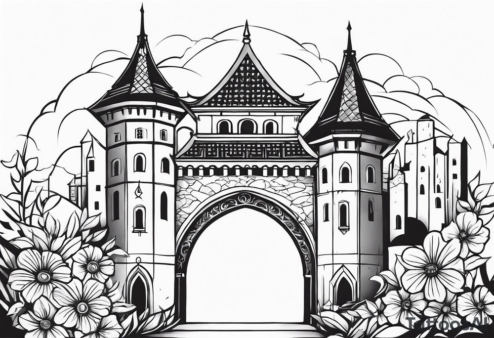 medieval tribal city gate floral land vignette tattoo idea