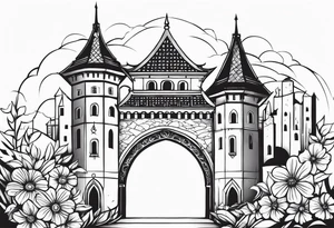 medieval tribal city gate floral  land  vignette tattoo idea