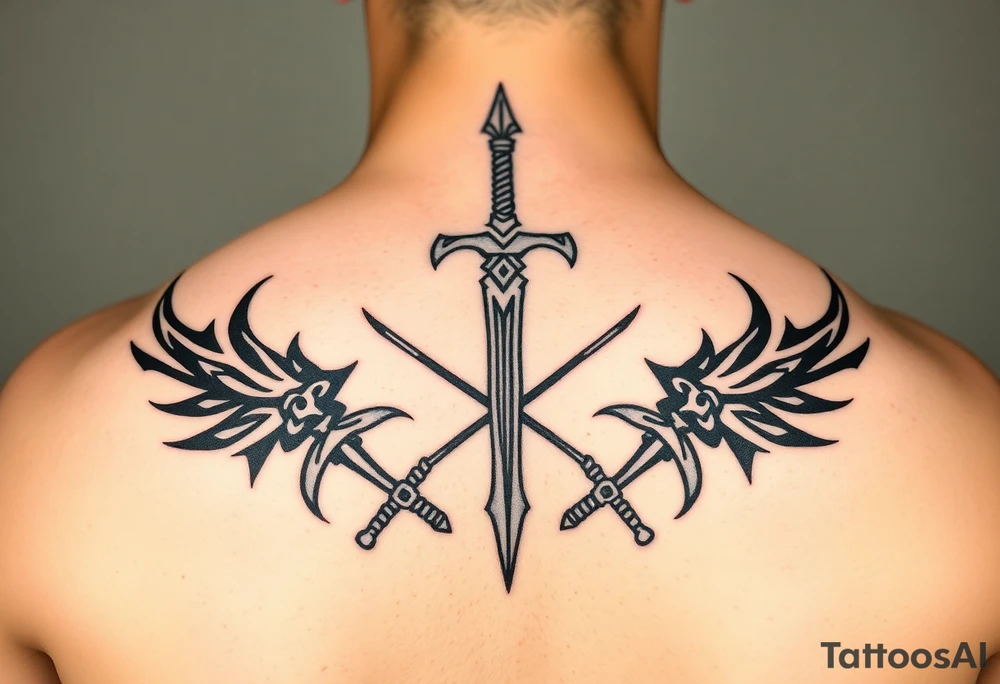 Armoury with sheild sword spears and axe tattoo idea