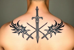 Armoury with sheild sword spears and axe tattoo idea