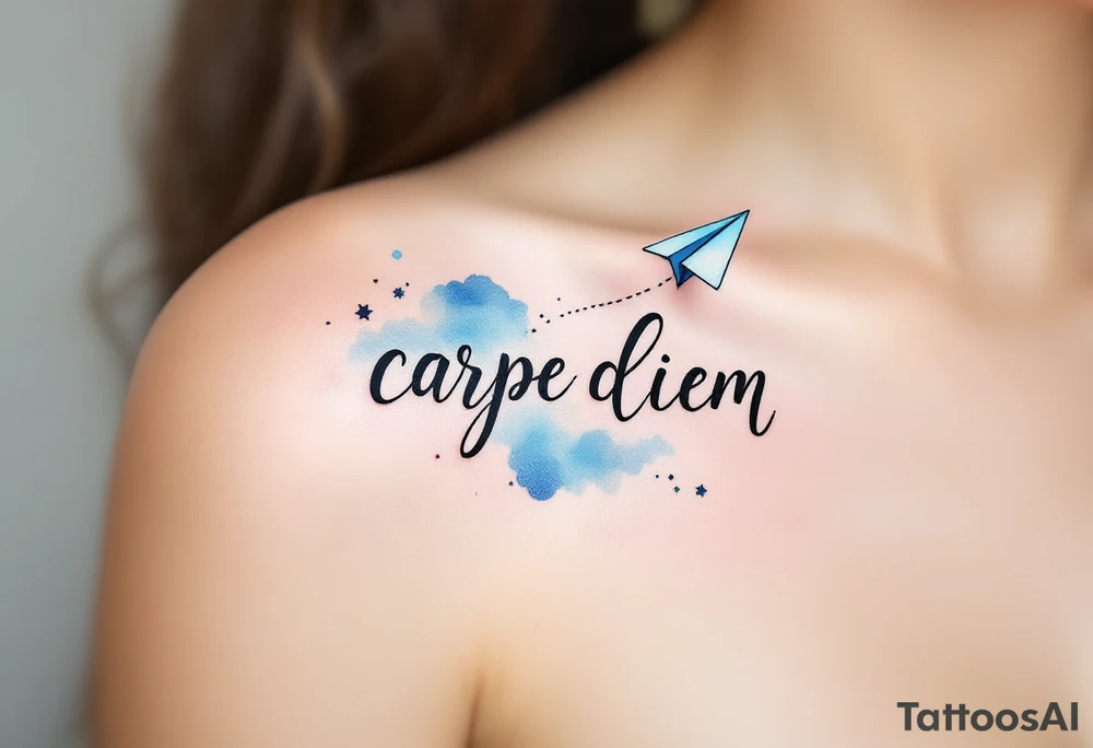 Flowing script in ink-wash gray "carpe diem", with a paper plane in pale blue flying above the phrase. tattoo idea