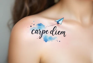 Flowing script in ink-wash gray "carpe diem", with a paper plane in pale blue flying above the phrase. tattoo idea