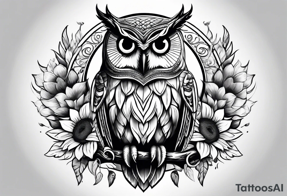 Black and white owl with sunflowers leg sleeve tattoo idea