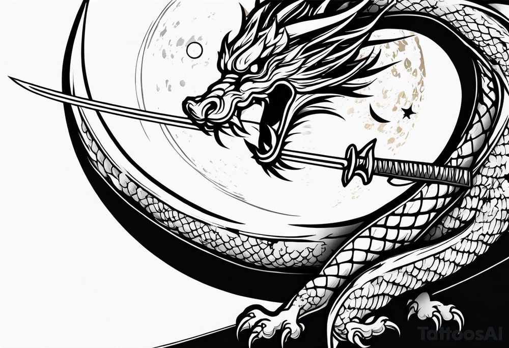 Japanese Dragon with a katana sword and the moon tattoo idea