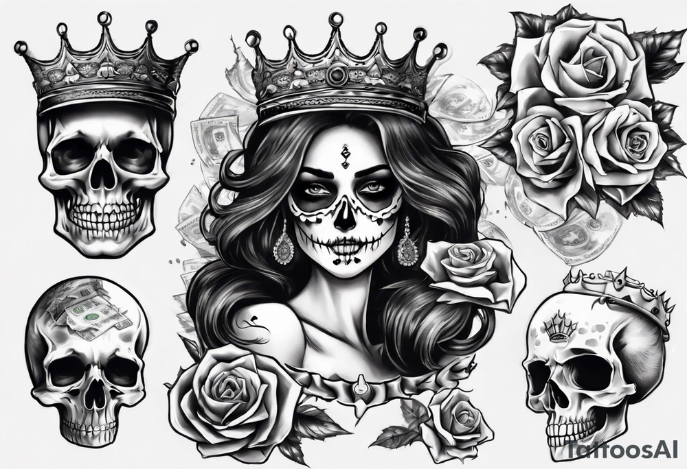 santa la muerta with money and crown tattoo idea