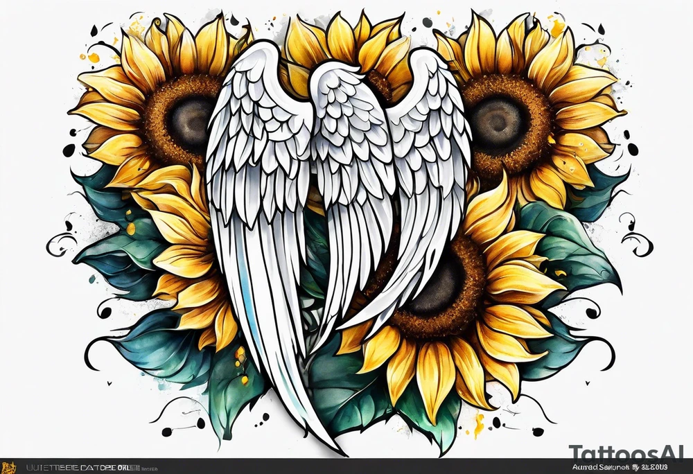 Sunflowers and angel wings leg sleeve tattoo idea