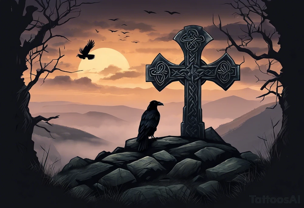 A stone Celtic cross solemnly standing atop a hill, a raven perches atop the cross staring out over the desolation. A ruined stone wall lies crumbling near the cross. Mist rolls along the hilltops adding to the melancholic nature of the scene. tattoo idea