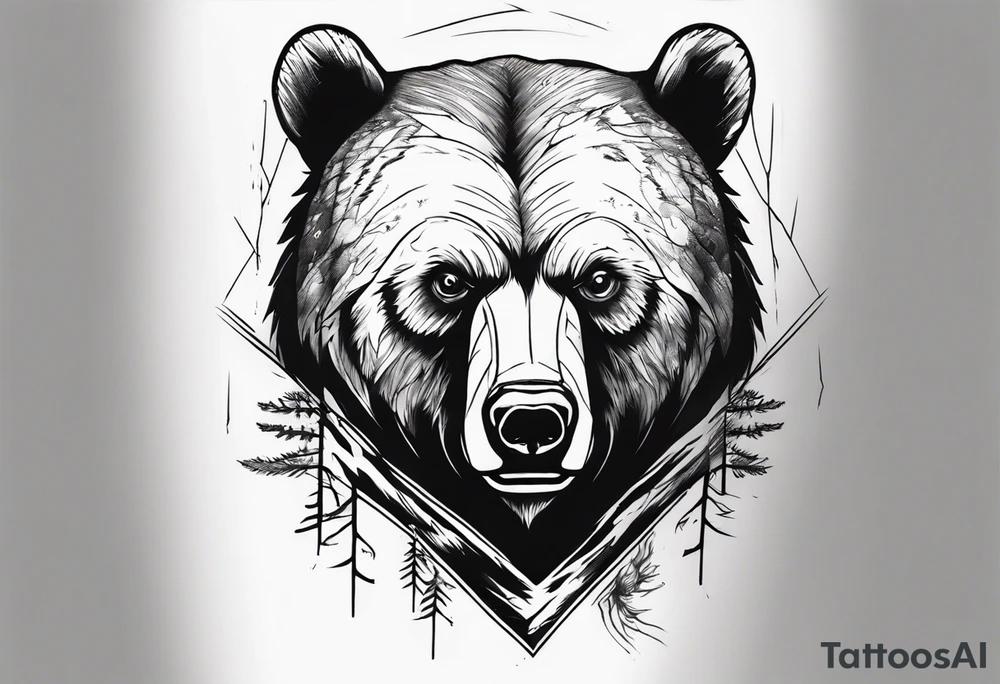 bear head right above the forest line with a lake below, full arm sleeve tattoo tattoo idea